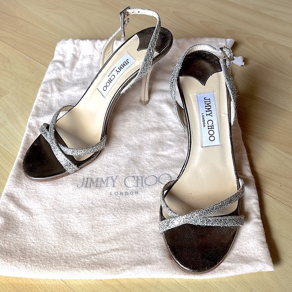 Jimmy Choo Champagne Glitter Sandals Pumps, size 36